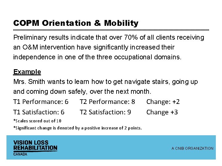 COPM Orientation & Mobility Preliminary results indicate that over 70% of all clients receiving