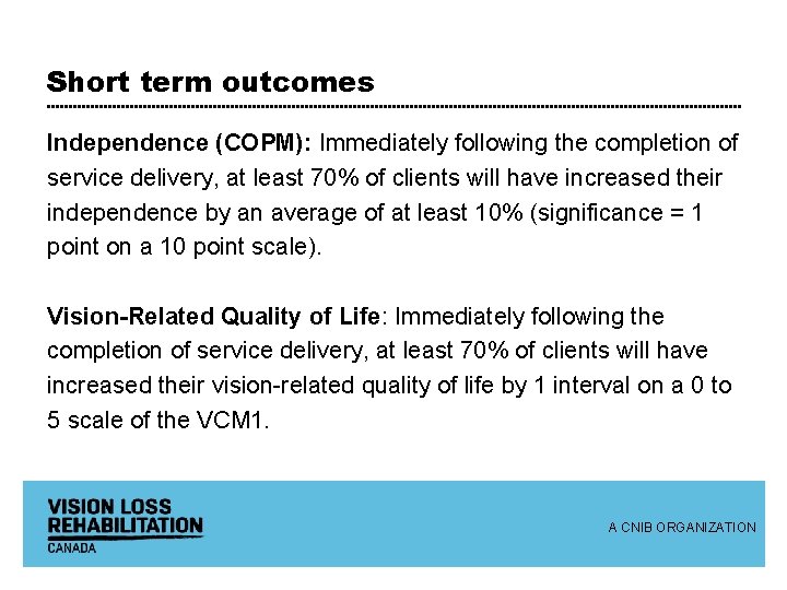 Short term outcomes Independence (COPM): Immediately following the completion of service delivery, at least