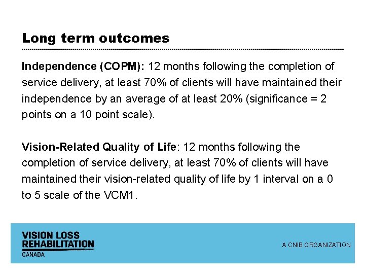 Long term outcomes Independence (COPM): 12 months following the completion of service delivery, at