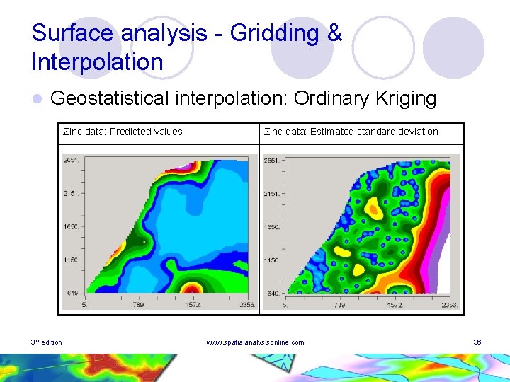 Surface analysis - Gridding & Interpolation l Geostatistical interpolation: Ordinary Kriging Zinc data: Predicted Surface analysis - Gridding & Interpolation l Geostatistical interpolation: Ordinary Kriging Zinc data: Predicted