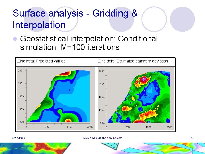 Surface analysis - Gridding & Interpolation l Geostatistical interpolation: Conditional simulation, M=100 iterations Zinc Surface analysis - Gridding & Interpolation l Geostatistical interpolation: Conditional simulation, M=100 iterations Zinc