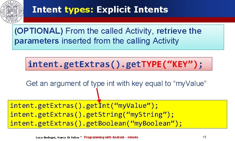 Intent types: Explicit Intents (OPTIONAL) From the called Activity, retrieve the parameters inserted from