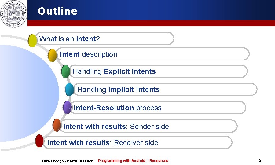 Outline What is an intent? Intent description Handling Explicit Intents Handling implicit Intents Intent-Resolution