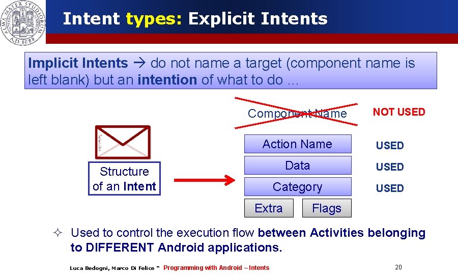 Intent types: Explicit Intents Implicit Intents do not name a target (component name is