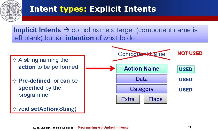 Intent types: Explicit Intents Implicit Intents do not name a target (component name is