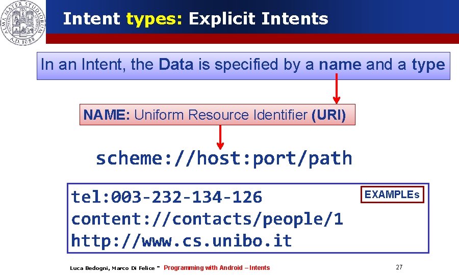 Intent types: Explicit Intents In an Intent, the Data is specified by a name