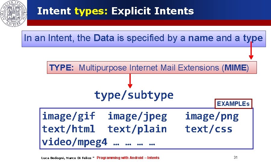 Intent types: Explicit Intents In an Intent, the Data is specified by a name