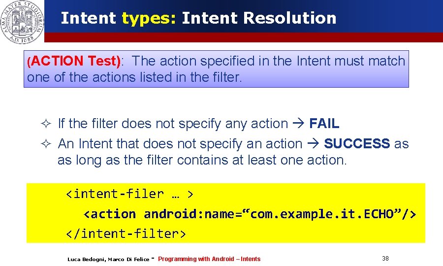 Intent types: Intent Resolution (ACTION Test): The action specified in the Intent must match