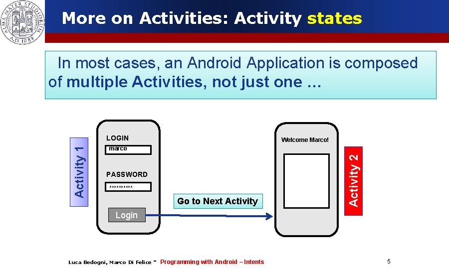 More on Activities: Activity states In most cases, an Android Application is composed of