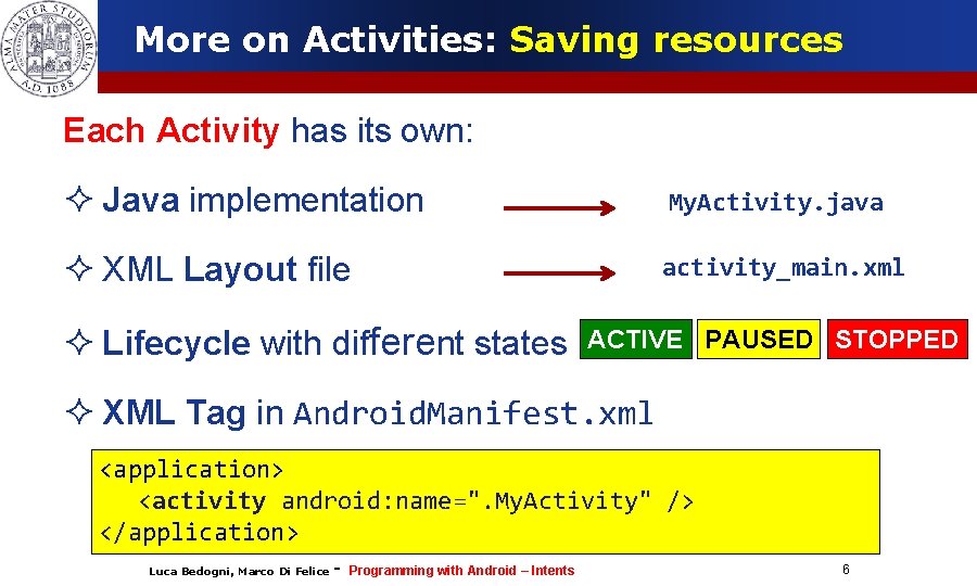 More on Activities: Saving resources Each Activity has its own: ² Java implementation My.