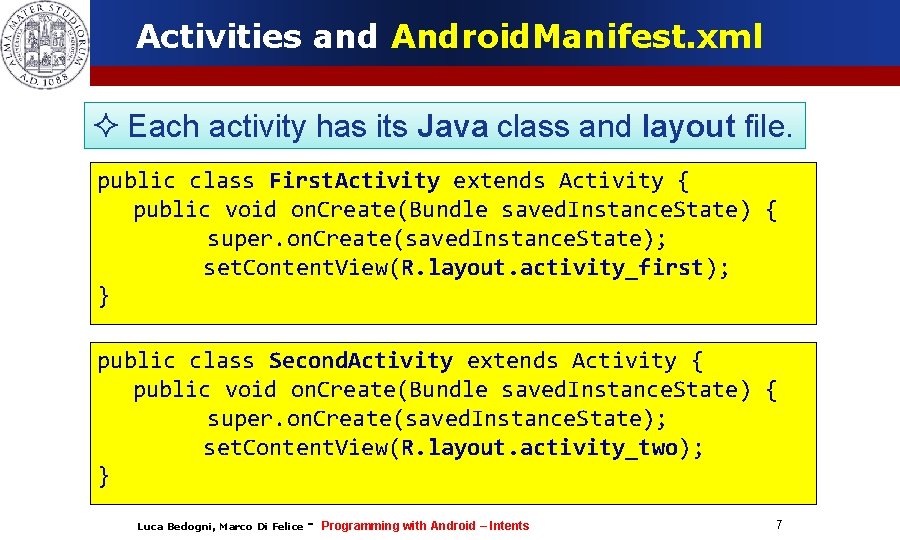Activities and Android. Manifest. xml ² Each activity has its Java class and layout
