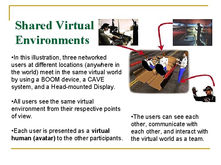 Shared Virtual Environments • In this illustration, three networked users at different locations (anywhere Shared Virtual Environments • In this illustration, three networked users at different locations (anywhere