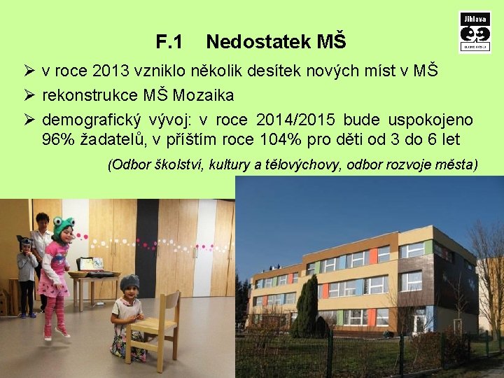 F. 1 Nedostatek MŠ Ø v roce 2013 vzniklo několik desítek nových míst v