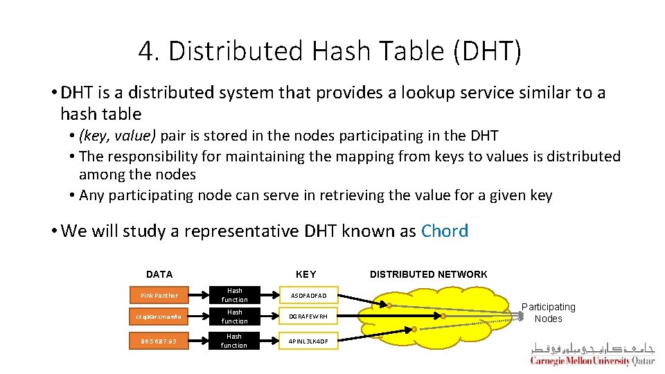 4. Distributed Hash Table (DHT) • DHT is a distributed system that provides a
