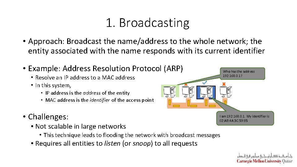 1. Broadcasting • Approach: Broadcast the name/address to the whole network; the entity associated