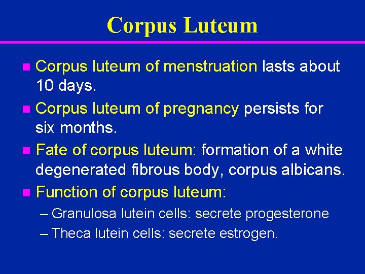 Corpus Luteum Corpus luteum of menstruation lasts about 10 days. n Corpus luteum of