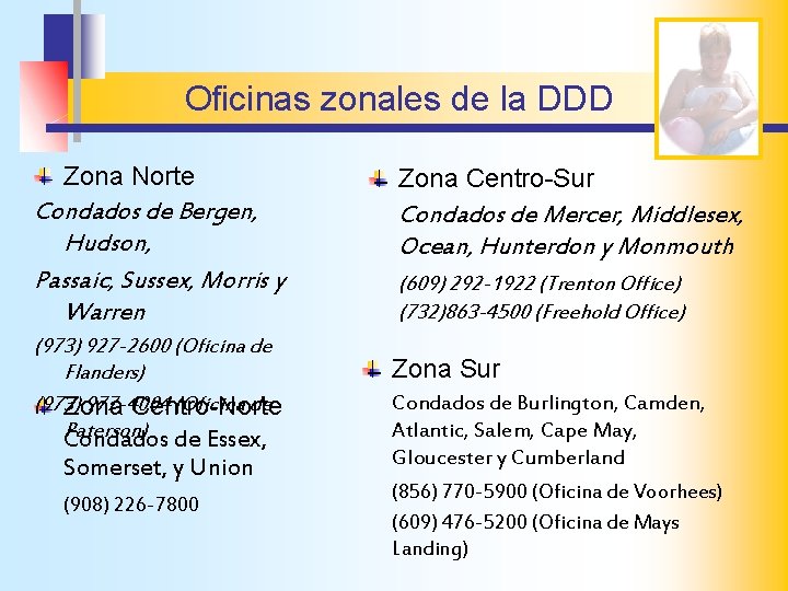 Oficinas zonales de la DDD Zona Norte Condados de Bergen, Hudson, Passaic, Sussex, Morris