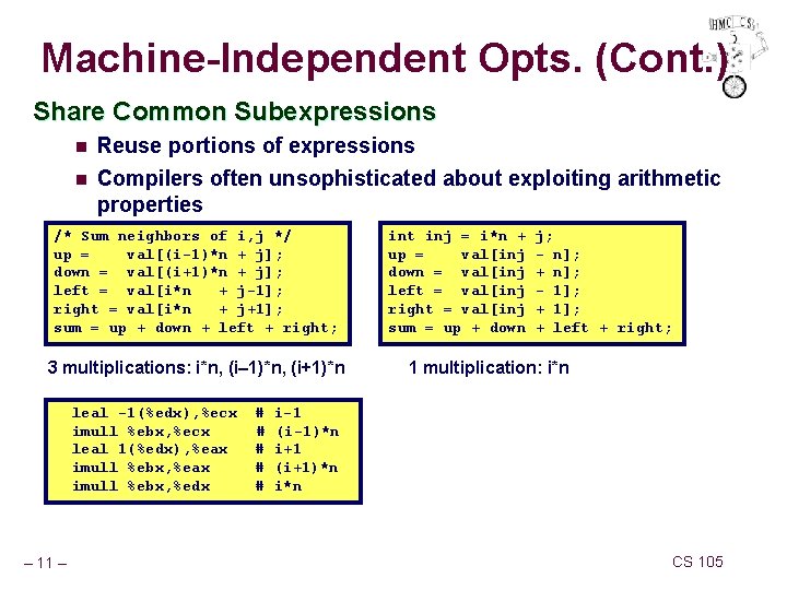 Machine-Independent Opts. (Cont. ) Share Common Subexpressions n Reuse portions of expressions n Compilers
