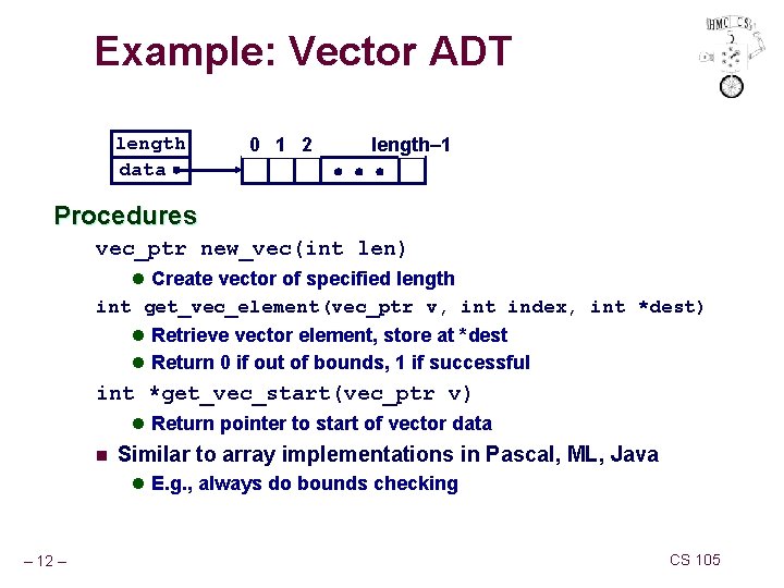 Example: Vector ADT length data 0 1 2 length– 1 Procedures vec_ptr new_vec(int len)