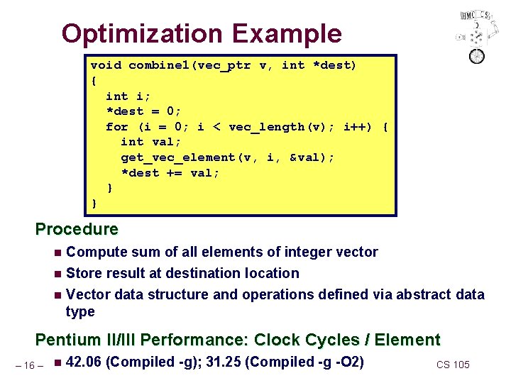 Optimization Example void combine 1(vec_ptr v, int *dest) { int i; *dest = 0;