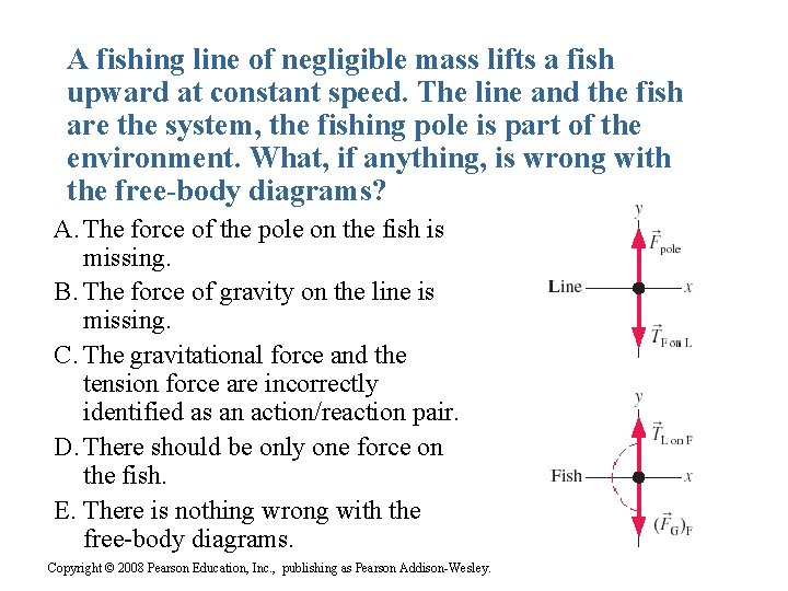 A fishing line of negligible mass lifts a fish upward at constant speed. The