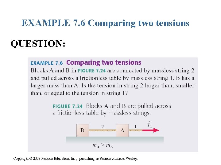 EXAMPLE 7. 6 Comparing two tensions QUESTION: Copyright © 2008 Pearson Education, Inc. ,