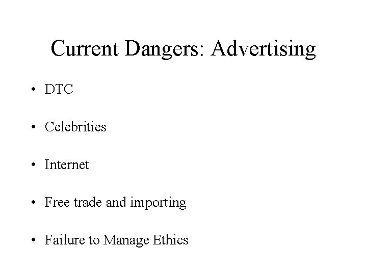Current Dangers: Advertising • DTC • Celebrities • Internet • Free trade and importing