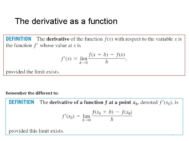 The derivative as a function Remember the different to: 7 