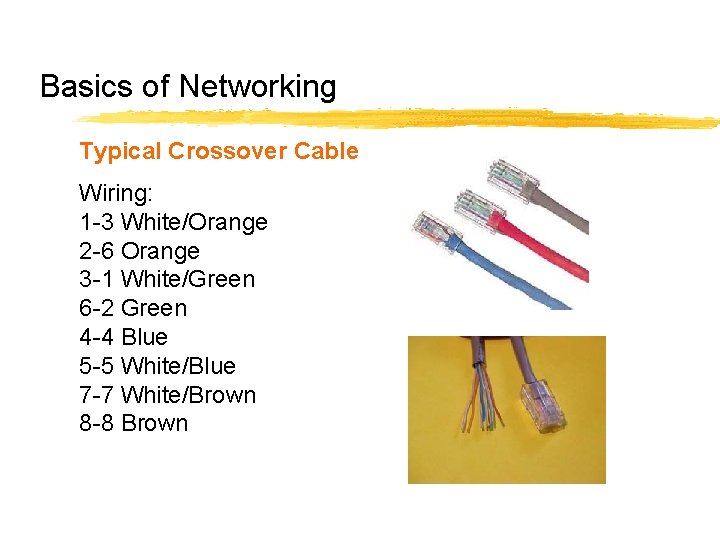 Basics of Networking Typical Crossover Cable Wiring: 1 -3 White/Orange 2 -6 Orange 3