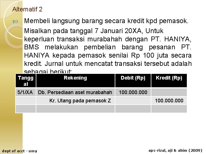 Alternatif 2 Membeli langsung barang secara kredit kpd pemasok. Misalkan pada tanggal 7 Januari