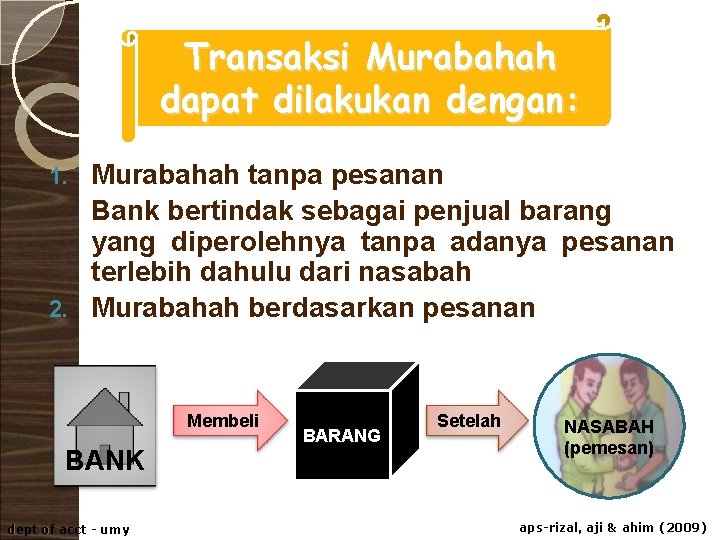 Transaksi Murabahah dapat dilakukan dengan: Murabahah tanpa pesanan Bank bertindak sebagai penjual barang yang