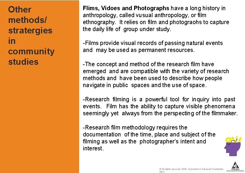 Other methods/ stratergies in community studies Flims, Vidoes and Photographs have a long history