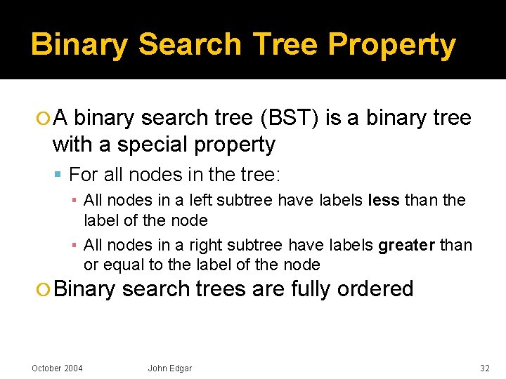 Binary Search Tree Property A binary search tree (BST) is a binary tree with