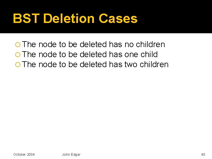 BST Deletion Cases The October 2004 node to be deleted has no children node