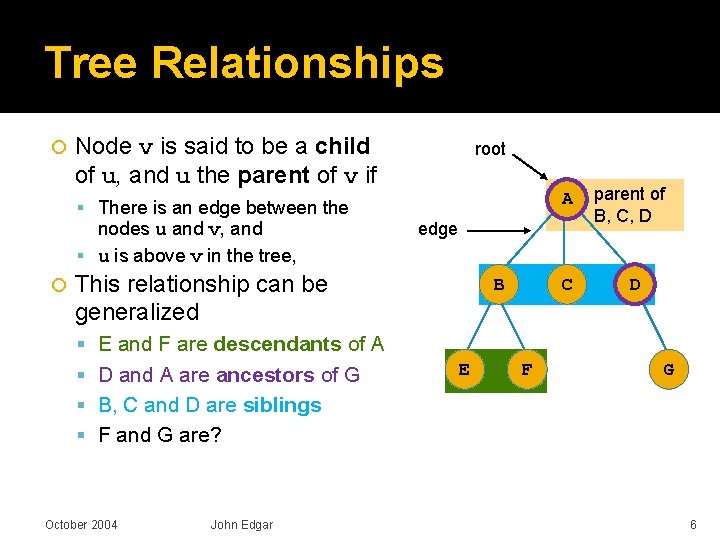 Tree Relationships Node v is said to be a child of u, and u