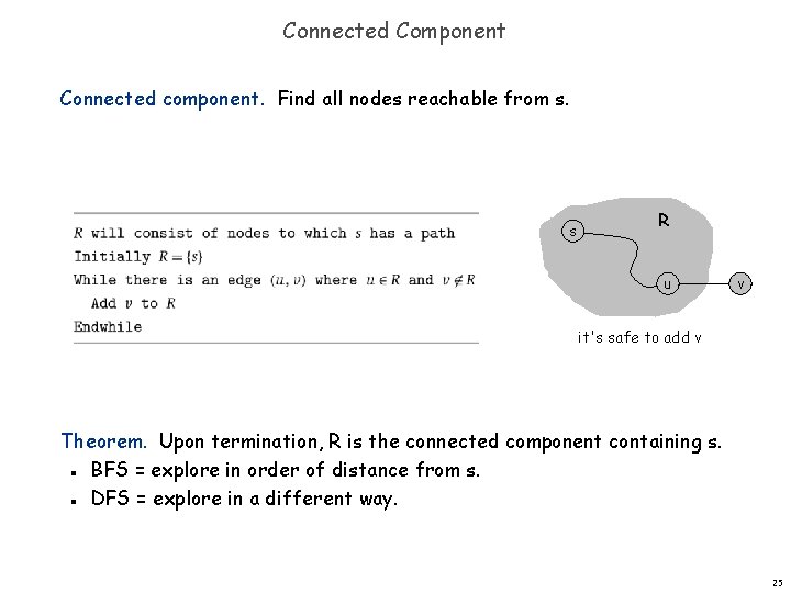 Connected Component Connected component. Find all nodes reachable from s. s R u v