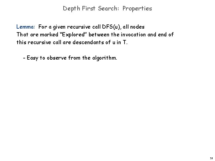 Depth First Search: Properties Lemma: For a given recursive call DFS(u), all nodes That
