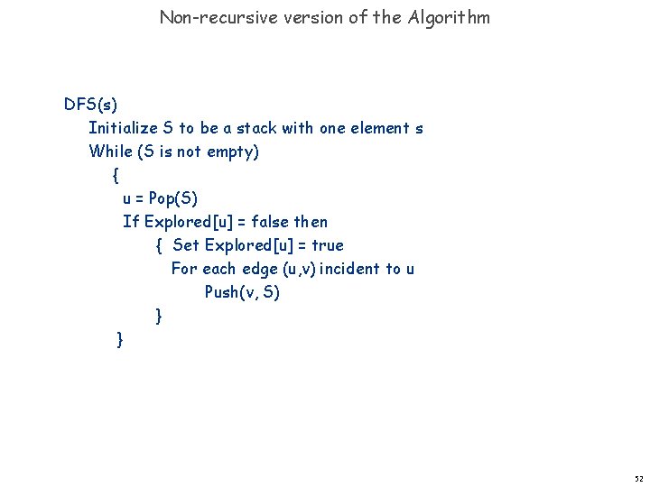 Non-recursive version of the Algorithm DFS(s) Initialize S to be a stack with one