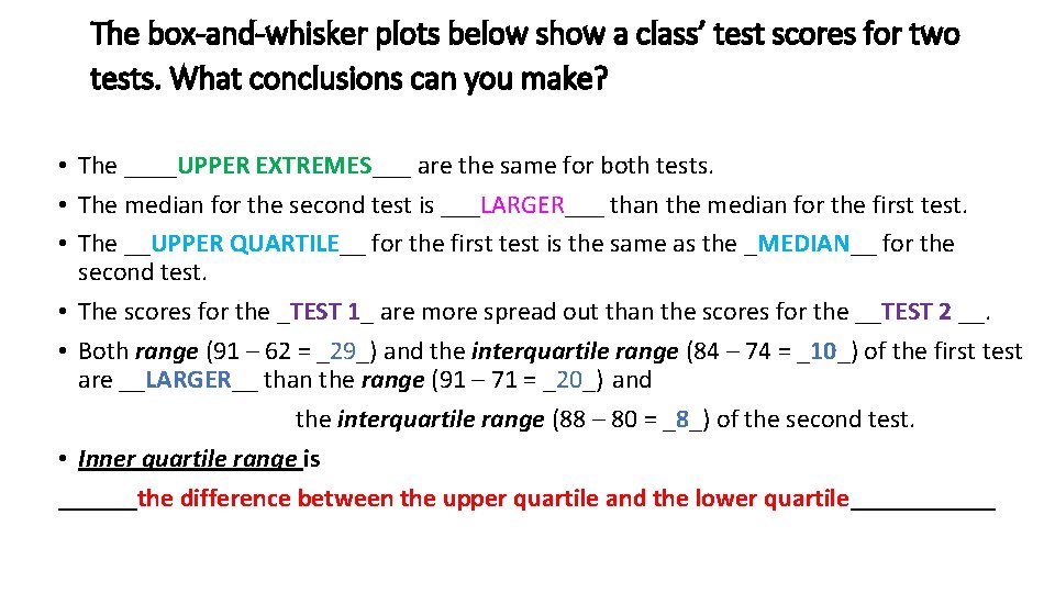 The box-and-whisker plots below show a class’ test scores for two tests. What conclusions