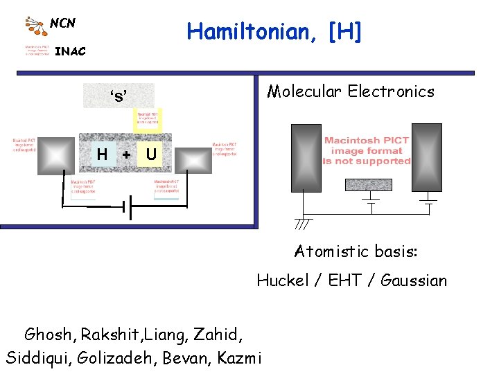Hamiltonian, [H] NCN INAC Molecular Electronics ‘s’ H + U Atomistic basis: Huckel /