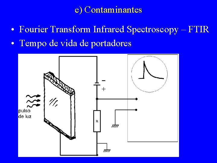 e) Contaminantes • Fourier Transform Infrared Spectroscopy – FTIR • Tempo de vida de