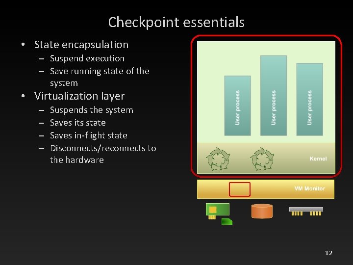 Checkpoint essentials • State encapsulation – Suspend execution – Save running state of the