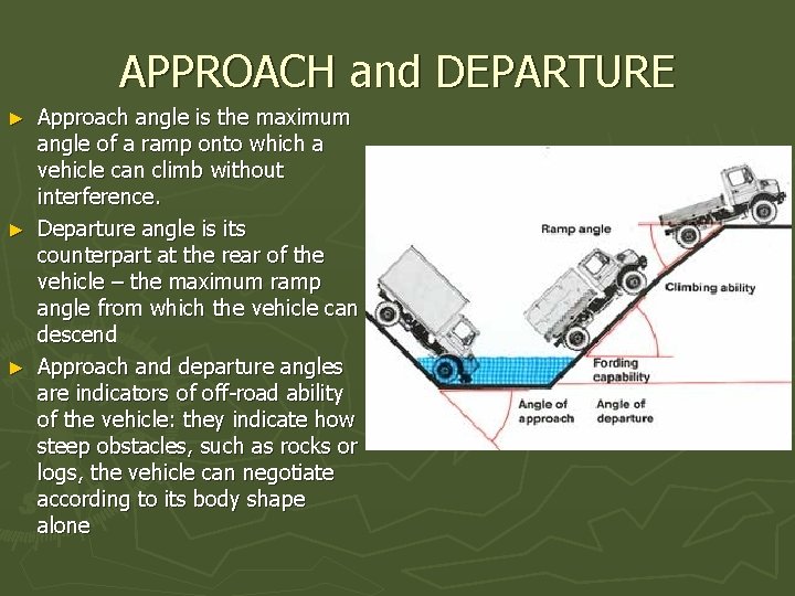APPROACH and DEPARTURE Approach angle is the maximum angle of a ramp onto which