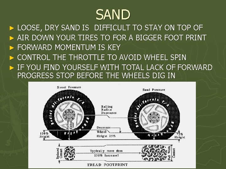 SAND LOOSE, DRY SAND IS DIFFICULT TO STAY ON TOP OF ► AIR DOWN