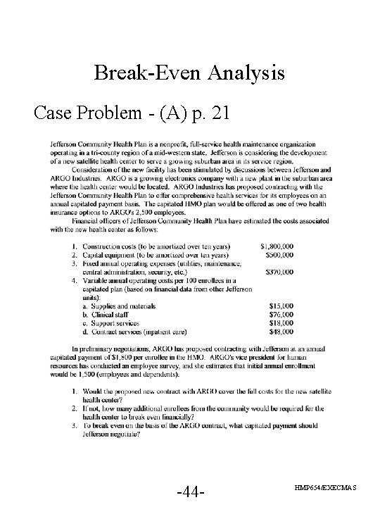 Break-Even Analysis Case Problem - (A) p. 21 -44 - HMP 654/EXECMAS Break-Even Analysis Case Problem - (A) p. 21 -44 - HMP 654/EXECMAS