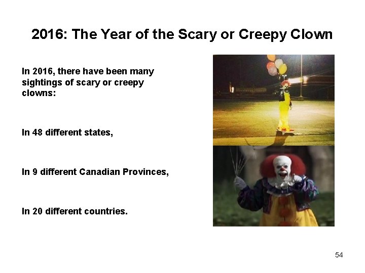 2016: The Year of the Scary or Creepy Clown In 2016, there have been