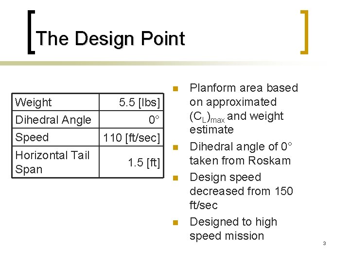 The Design Point n Weight 5. 5 [lbs] Dihedral Angle 0° Speed 110 [ft/sec]