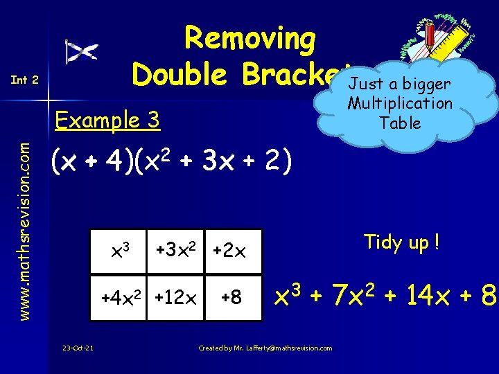 Removing Double Brackets Just a bigger Int 2 Multiplication Table www. mathsrevision. com Example