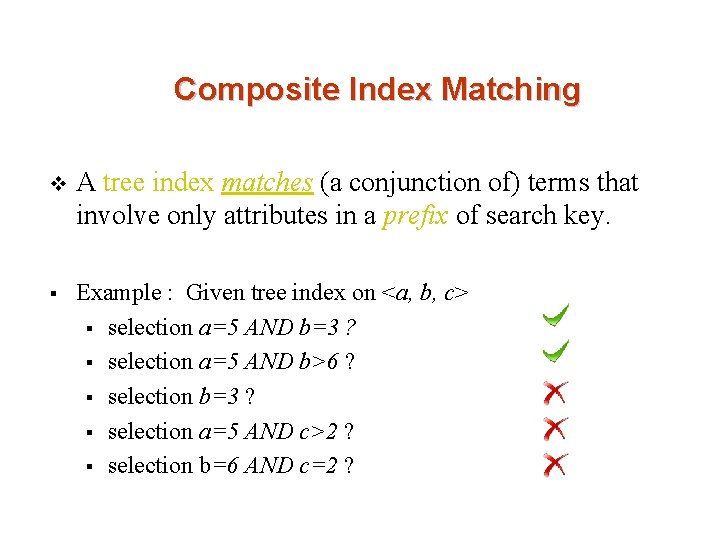 Composite Index Matching v A tree index matches (a conjunction of) terms that involve