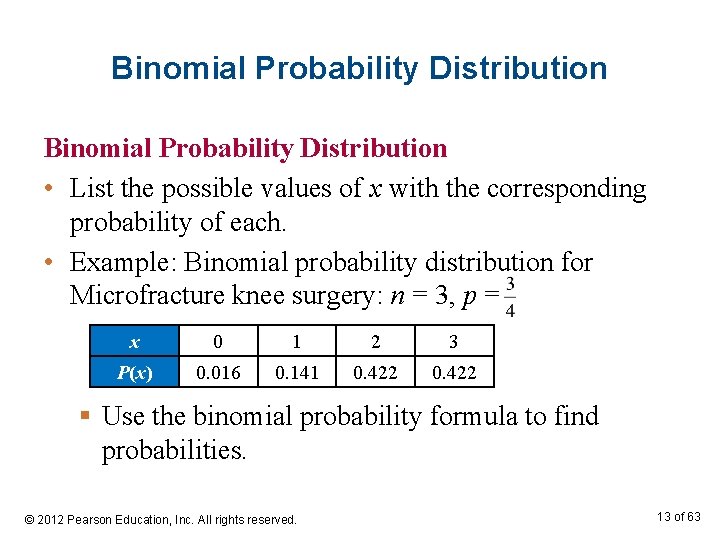 Binomial Probability Distribution • List the possible values of x with the corresponding probability